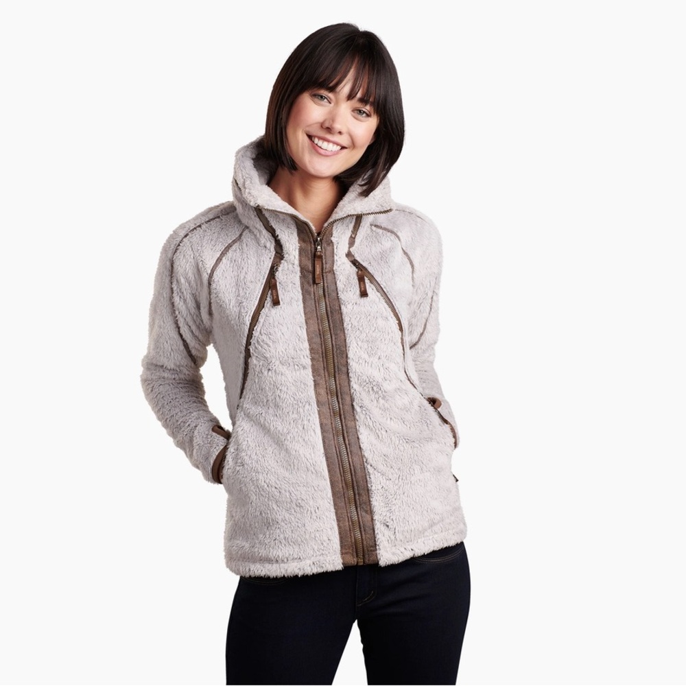 KUHL flight jacket in stone grey leather trim‎ hooded jacket size medium